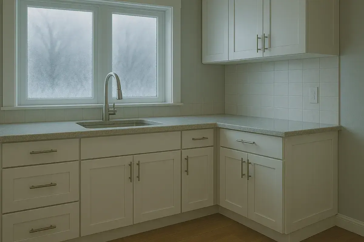 A clean, modern white kitchen featuring Shaker-style cabinets, light gray countertops, a stainless steel sink and faucet, and a large frosted window overlooking a winter scene.