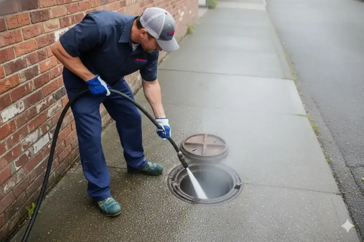 A plumber in a uniform and cap uses hydro jetting to clear a street drain on a sidewalk next to a brick building.