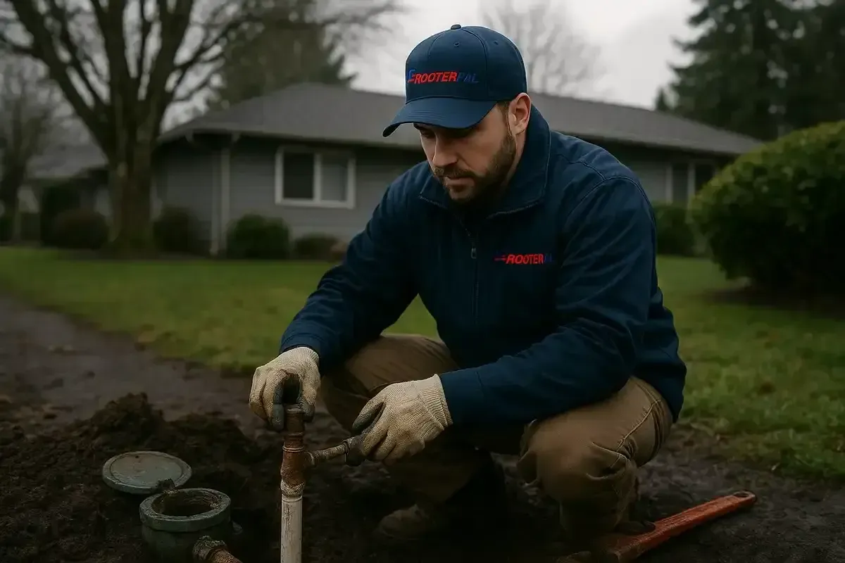 A RooterPAL technician in a blue cap and jacket, wearing work gloves, inspects an exposed outdoor water meter and pipes in a grassy area.