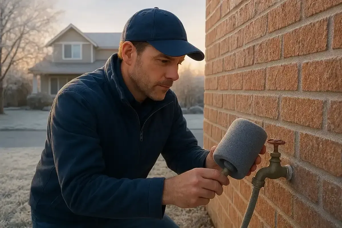 A man in a blue jacket and cap insulating an outdoor hose bib with a foam cover against a brick wall, with a frosty yard and house in the background.