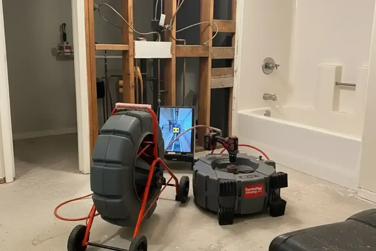Drain inspection camera and drain cleaning machine set up in a bathroom under renovation, ready for plumbing work.