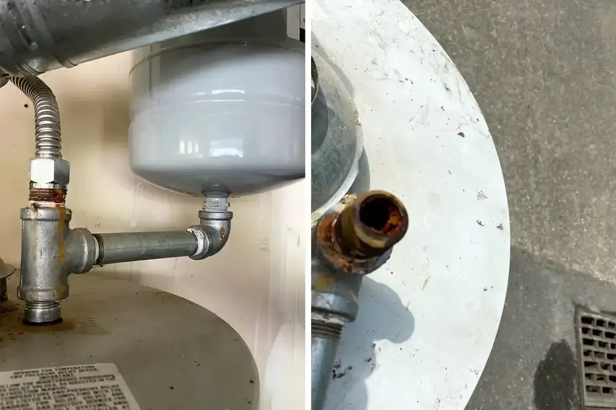 A split image showing corroded plumbing on a water heater, with rusty galvanized pipes on the left and a heavily rusted pipe opening on the right.